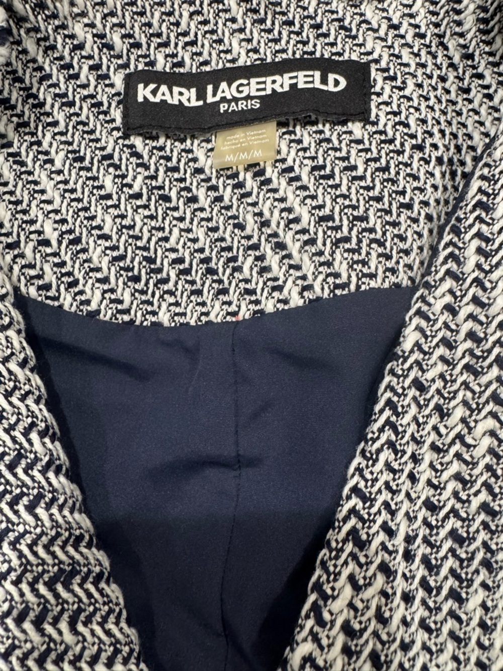 Karl Lagerfeld Paris Womens Tweed Fringe Open Front Jacket Navy White Size M - Picture 3 of 5